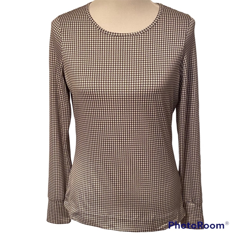LANDS’ END TOP TEE LONG SLEEVE STRETCH GRAY WHITE HOUNDSTOOTH PRINT SIZE S